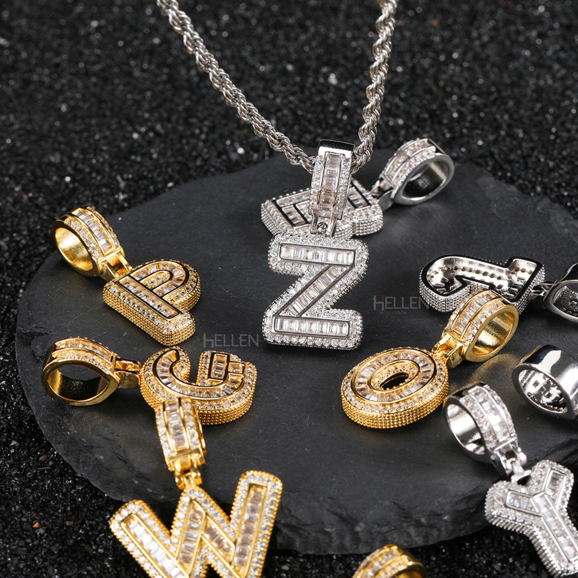 Custom initial pendant iced with round and baguette moissanite – personalized bling with maximum shine

