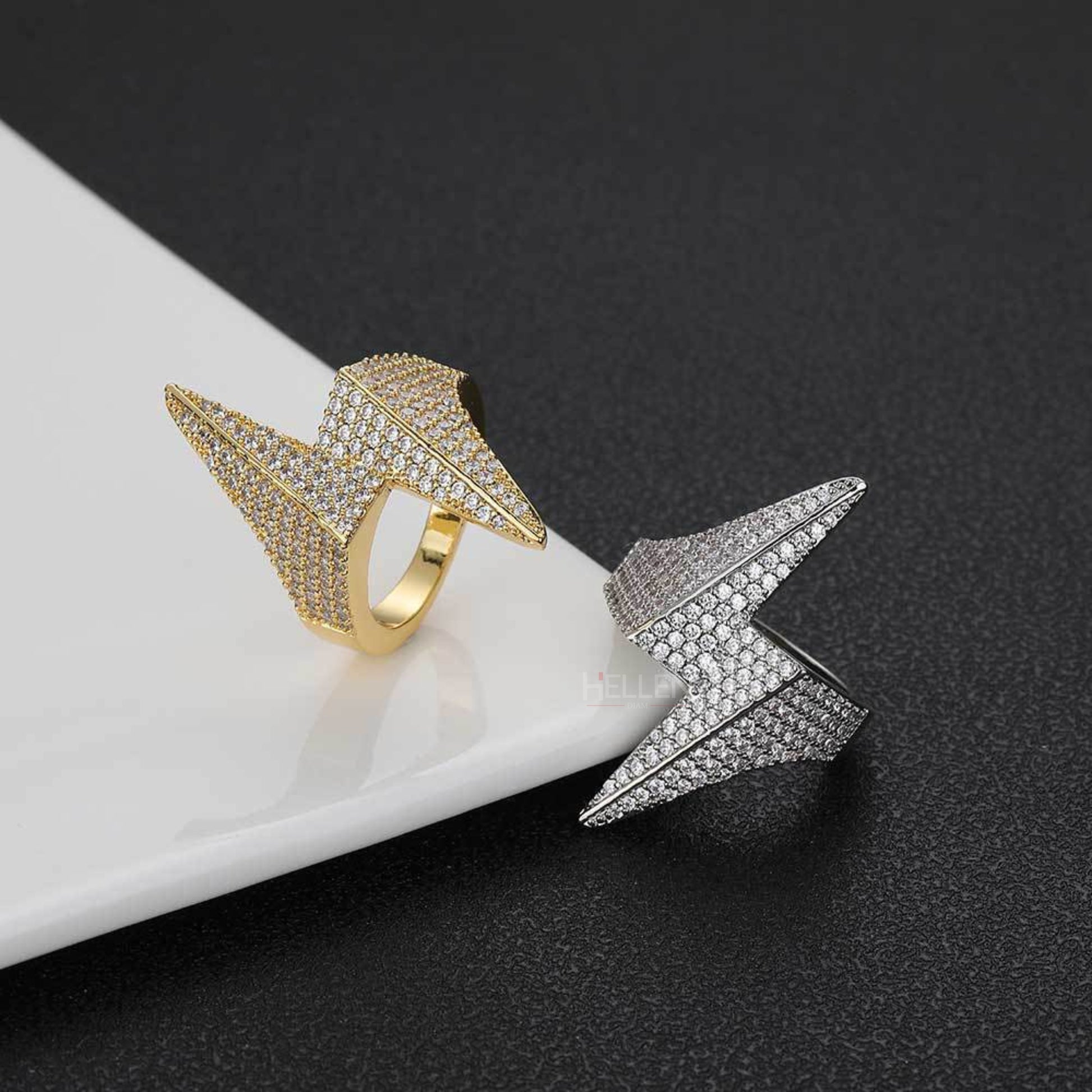 Lightning bolt hip-hop ring with VVS moissanite – high-voltage bling and standout urban style

