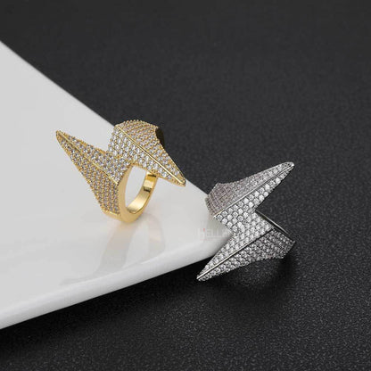 Lightning bolt hip-hop ring with VVS moissanite – high-voltage bling and standout urban style

