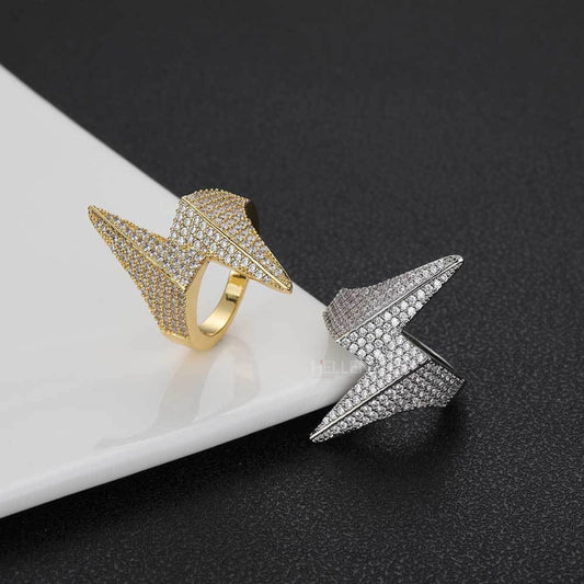 Lightning bolt hip-hop ring with VVS moissanite – high-voltage bling and standout urban style

