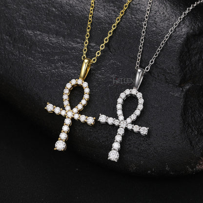 Ankh cross pendant for men with round moissanite – spiritual hip-hop piece with brilliant detailing

