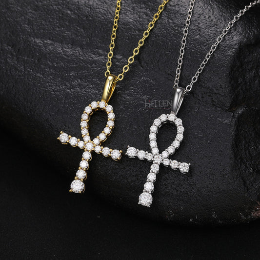 Ankh cross pendant for men with round moissanite – spiritual hip-hop piece with brilliant detailing

