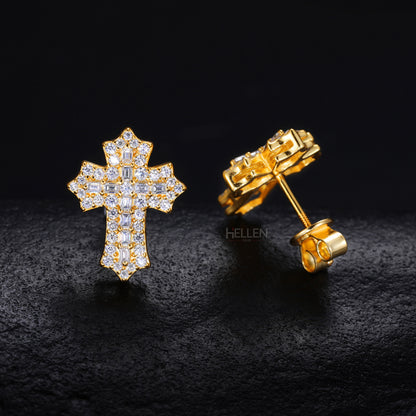 Round And Baguette Moissanite Studded Cross Hip-Hop Studs