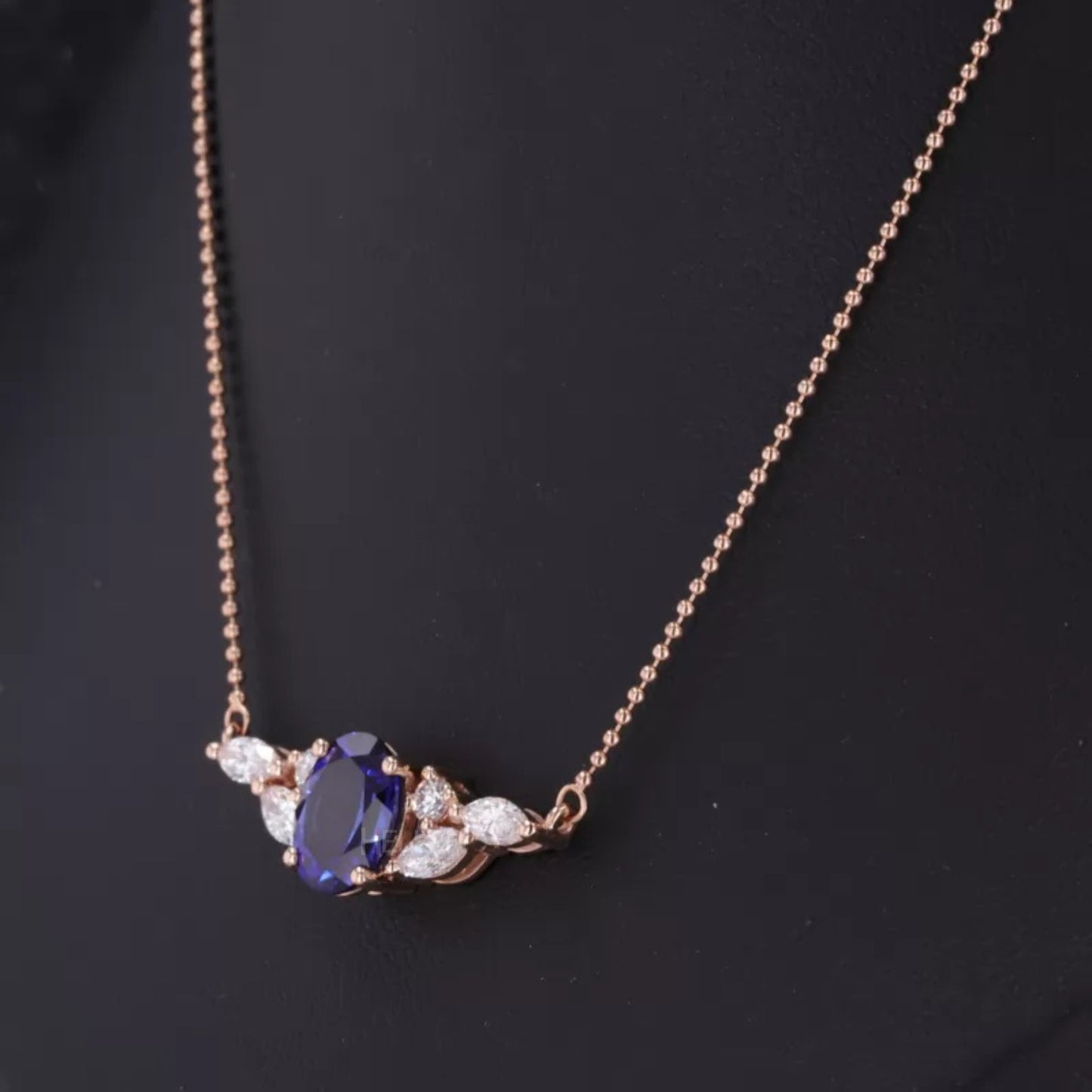 Elegant Blue Tanzanite Round, Marquis Moissanite Necklace