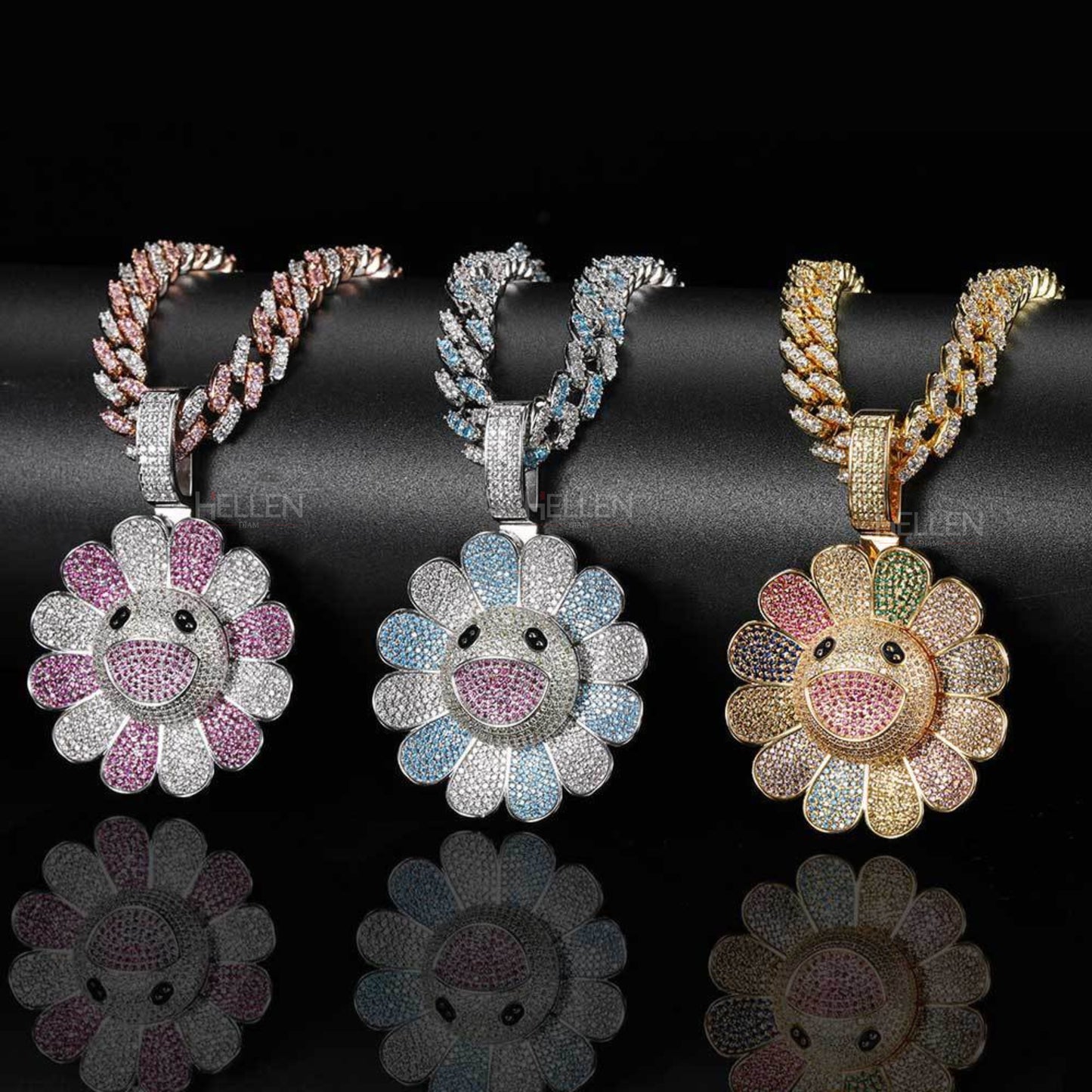 Blooming Spinning Sun Flower Pendant With Mixed Stones