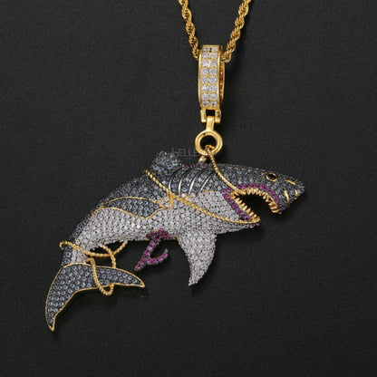 Iced Out Haunted Shark Pendant With Rope Chain
