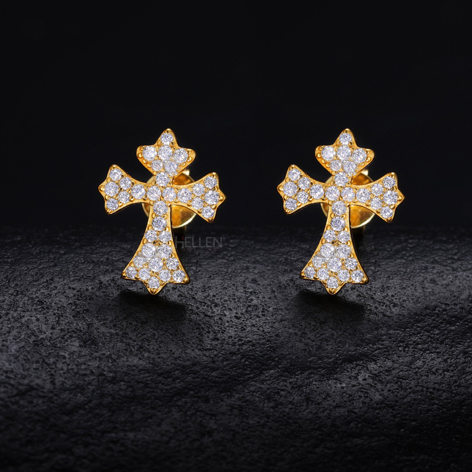 Cross-shaped hip-hop studs with elegant round cut moissanite – bold religious bling for streetwear style

