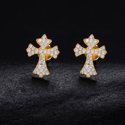 Cross-shaped hip-hop studs with elegant round cut moissanite – bold religious bling for streetwear style

