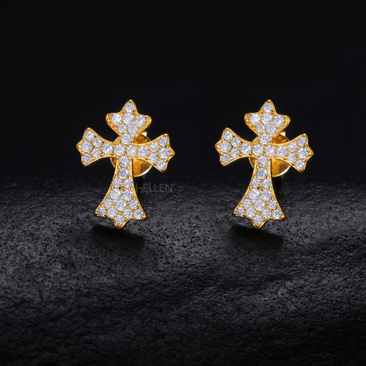 Cross-shaped hip-hop studs with elegant round cut moissanite – bold religious bling for streetwear style

