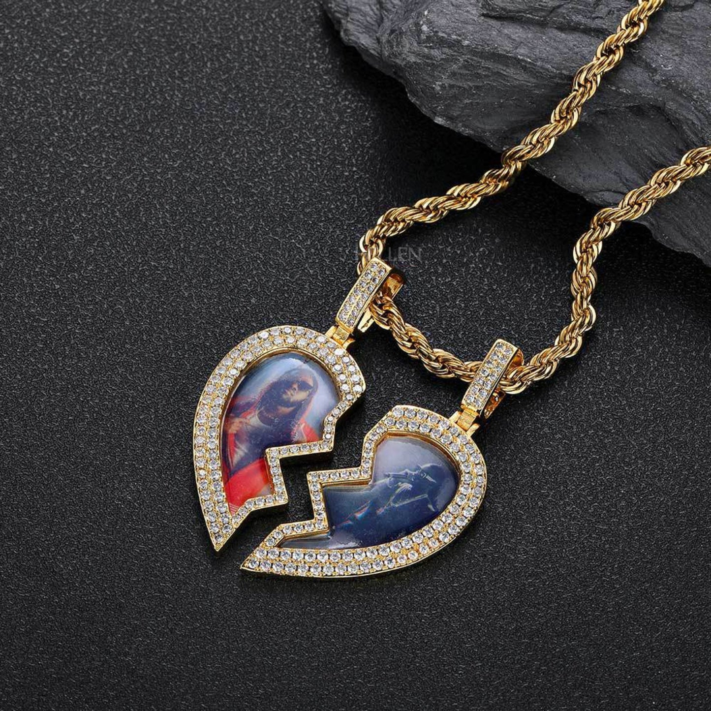 Customized 2 Half Heart Memory Pendent With Moissanite Space For 2 Pendants