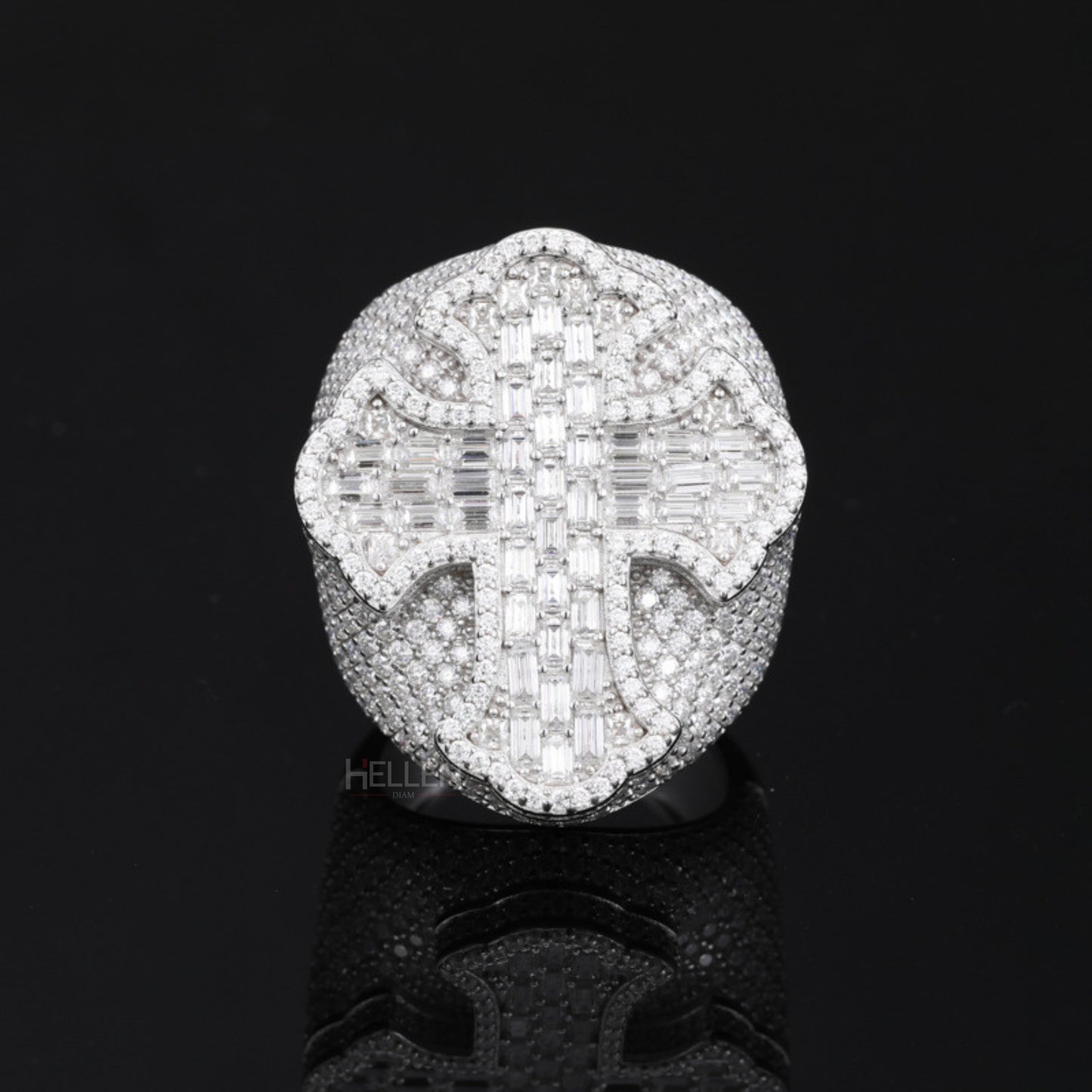 Large Moissanite Opulence Iced Out Cross Ring With Baguette and Round Cut
