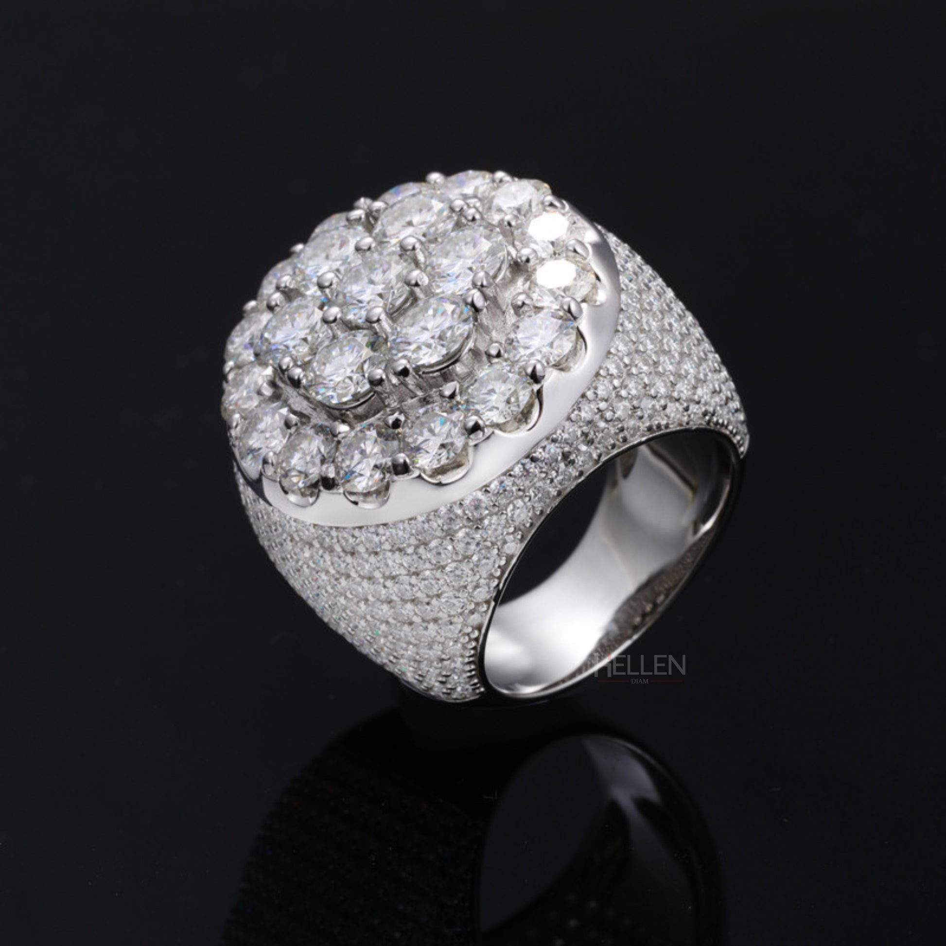 Oversized flower ring with round cut moissanite – standout men’s hip-hop ring with radiant shine

