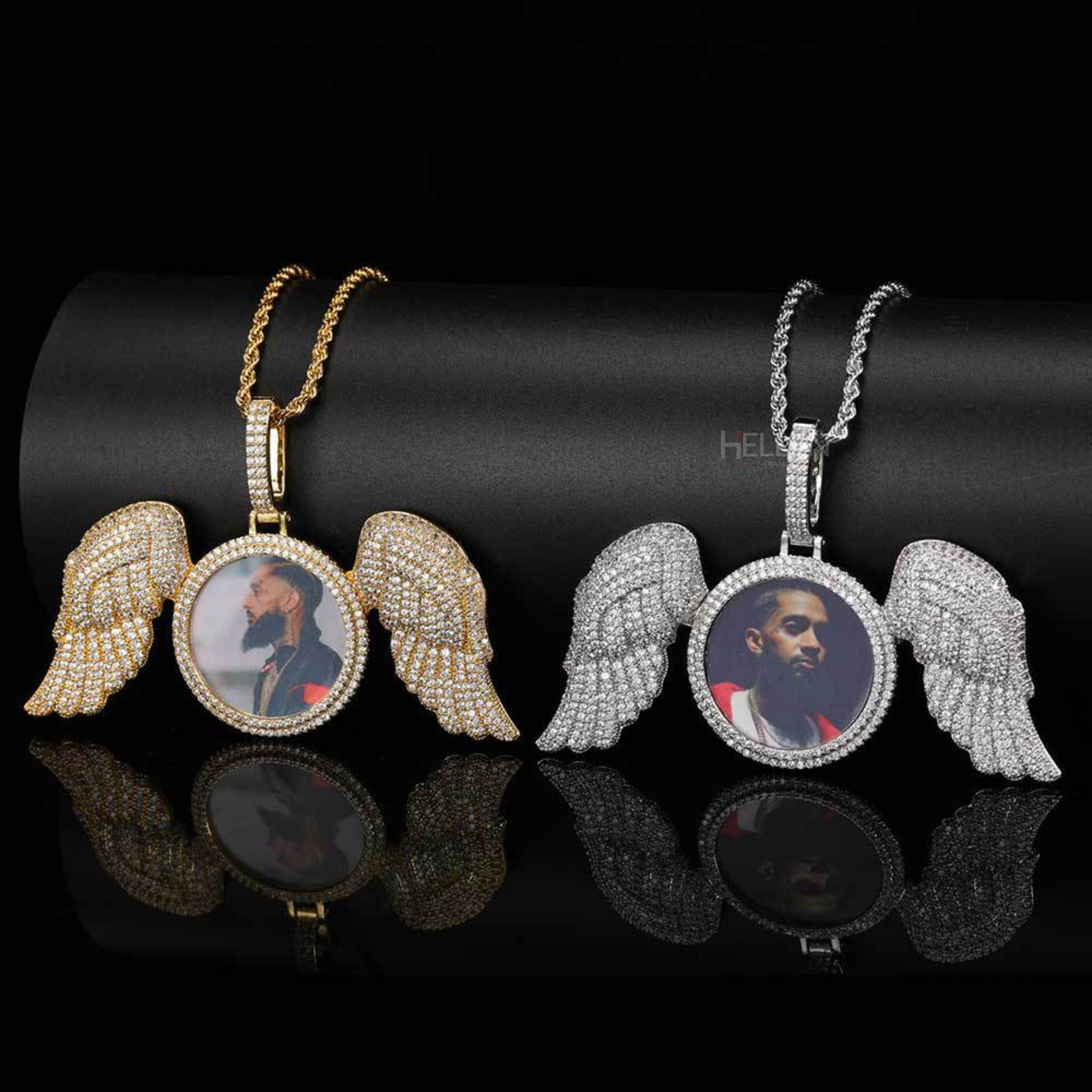 Angel wing memory pendant with round cut moissanite – sentimental hip-hop necklace to honor loved ones

