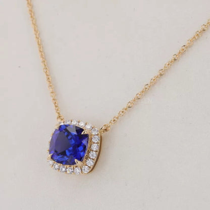 Cushion Cut Blue Sapphire Halo Necklace with Dual Loops & Moissanite