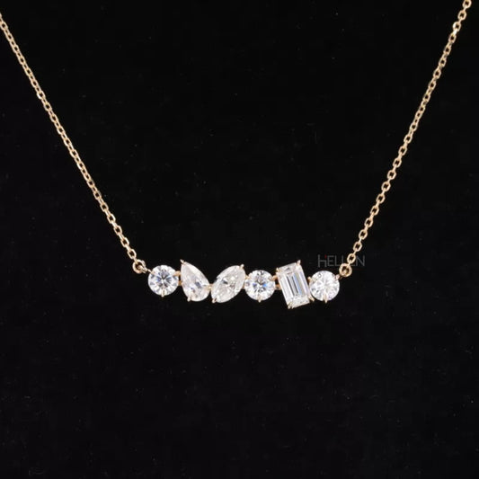Single-line necklace featuring all-shaped moissanite cuts – trendy and eye-catching modern jewelry