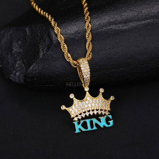 Men’s glow-in-the-dark king crown pendant – royal hip-hop necklace with luminous style and swagger

