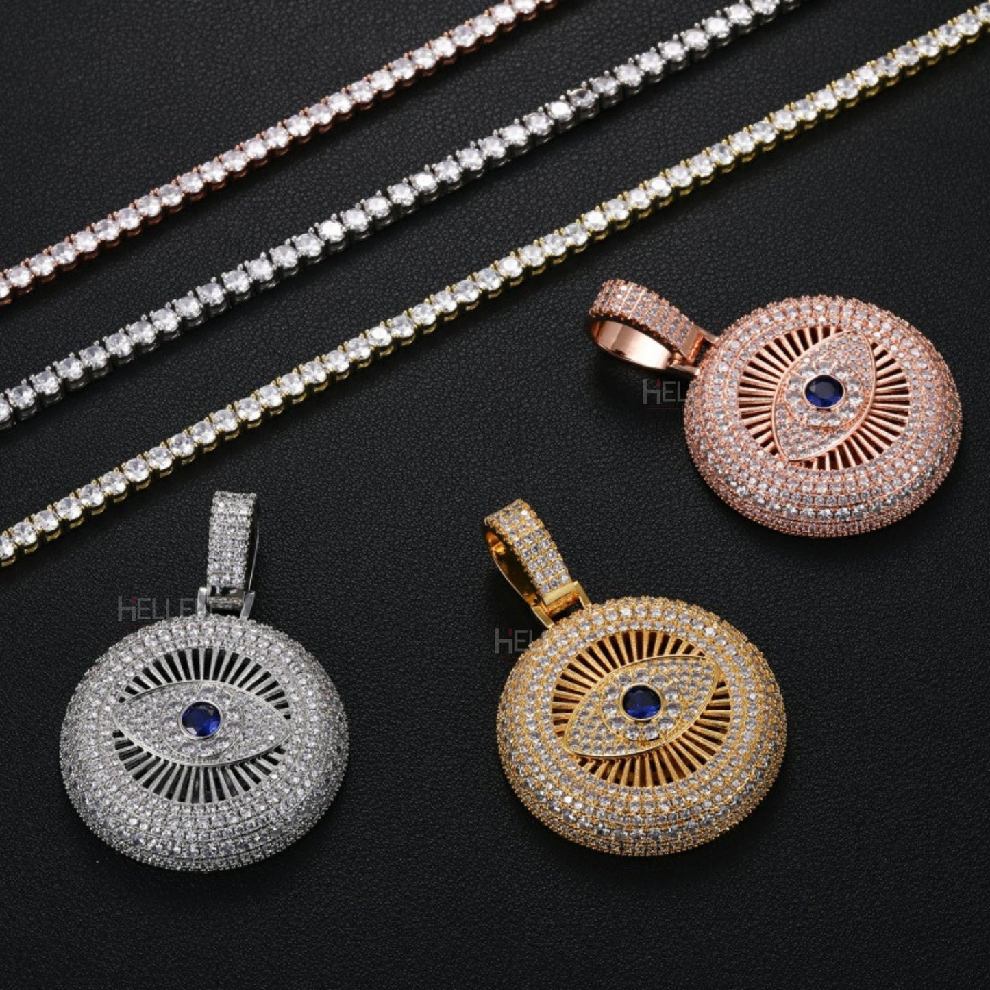 Round God’s Eye pendant with moissanite – spiritual iced-out necklace for bold streetwear looks

