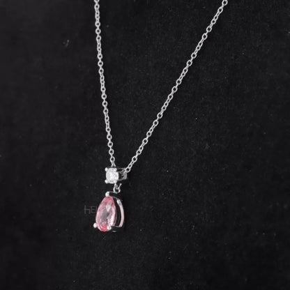 Fancy Pink Pear Cut Drop Gemstone And Round Moissanite Necklace