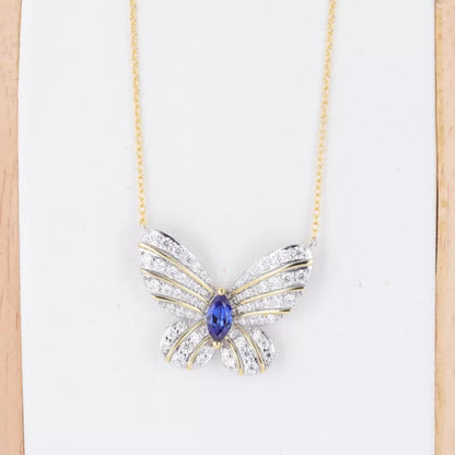 Butterfly Blue Sapphire Marquis & Round Cut Moissanite Necklace