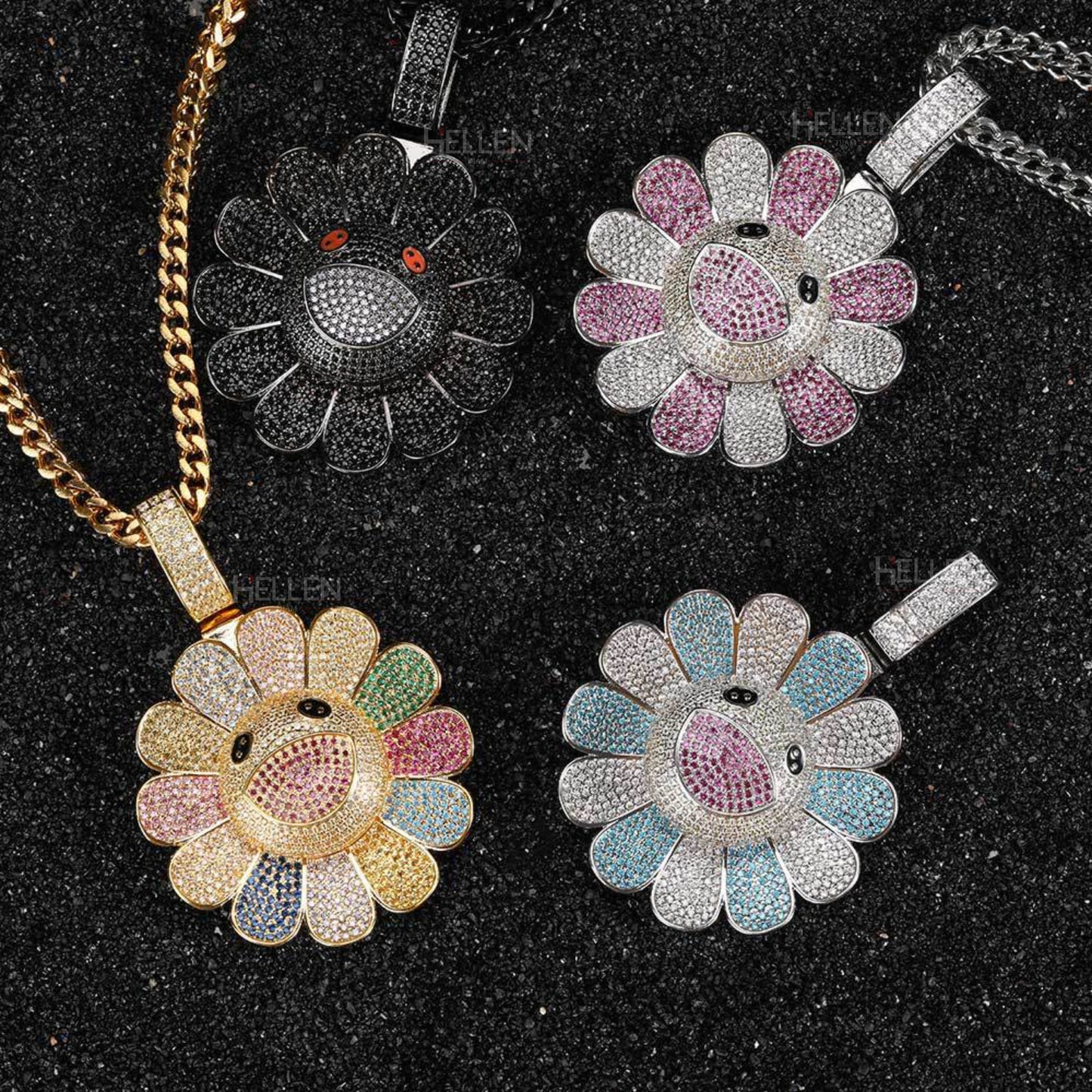 Spinning sunflower pendant with mixed moissanite and gemstones – playful hip-hop jewelry with vibrant energy