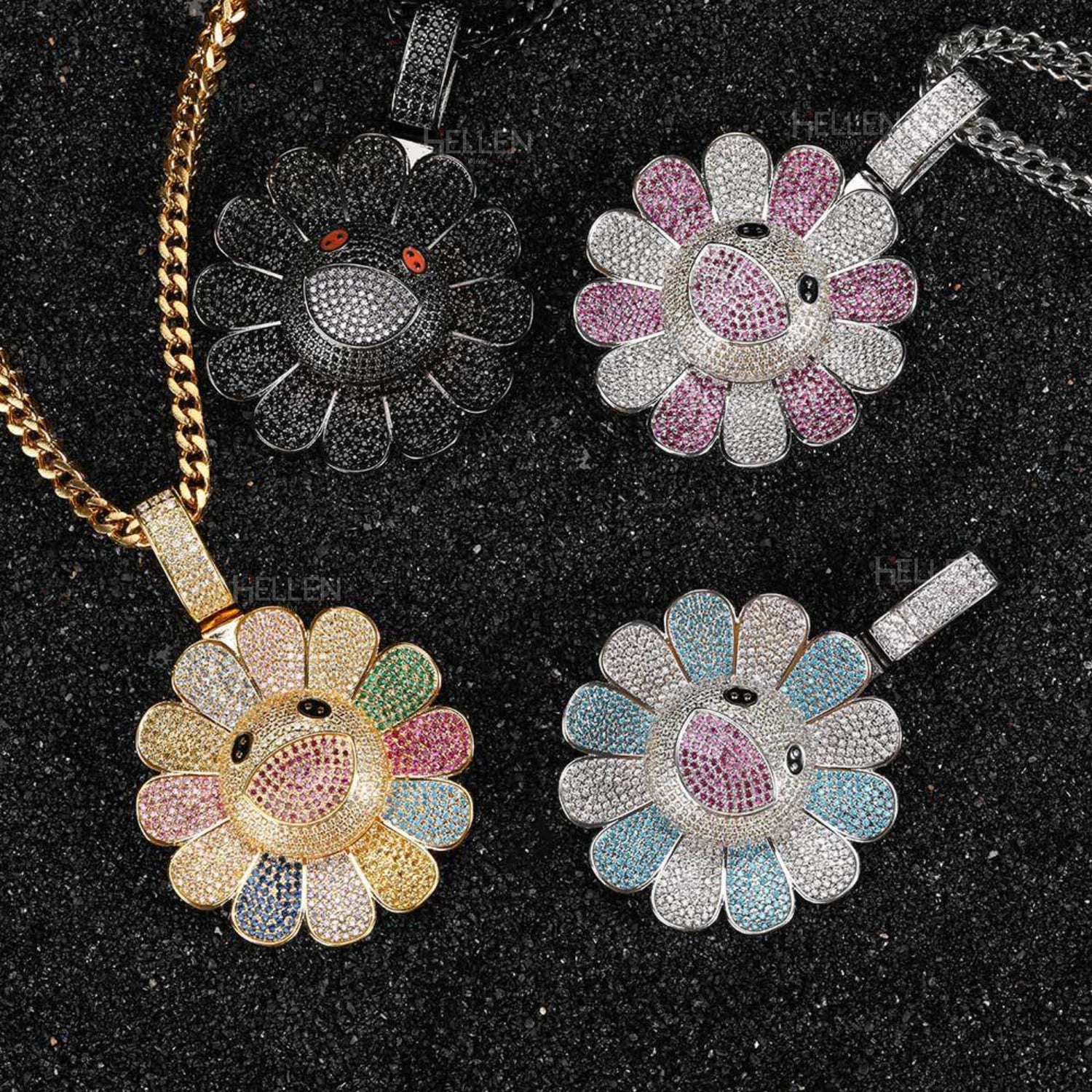 Spinning sunflower pendant with mixed moissanite and gemstones – playful hip-hop jewelry with vibrant energy