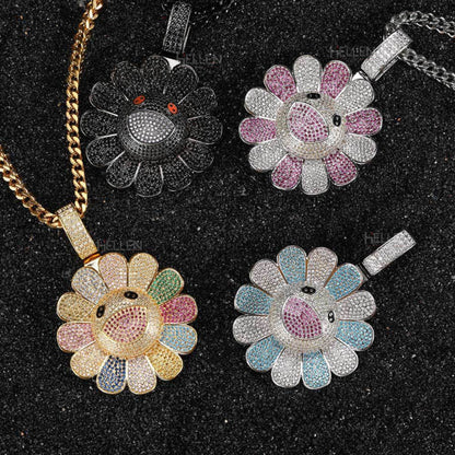 Spinning sunflower pendant with mixed moissanite and gemstones – playful hip-hop jewelry with vibrant energy