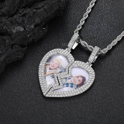 Customized 2 Half Heart Memory Pendent With Moissanite Space For 2 Pendants
