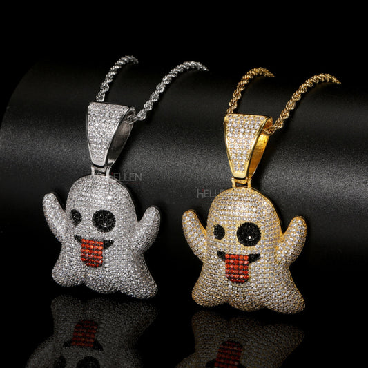 Ghost emoji pendant for men with VVS moissanite – fun iced-out urban drip with expressive vibes


