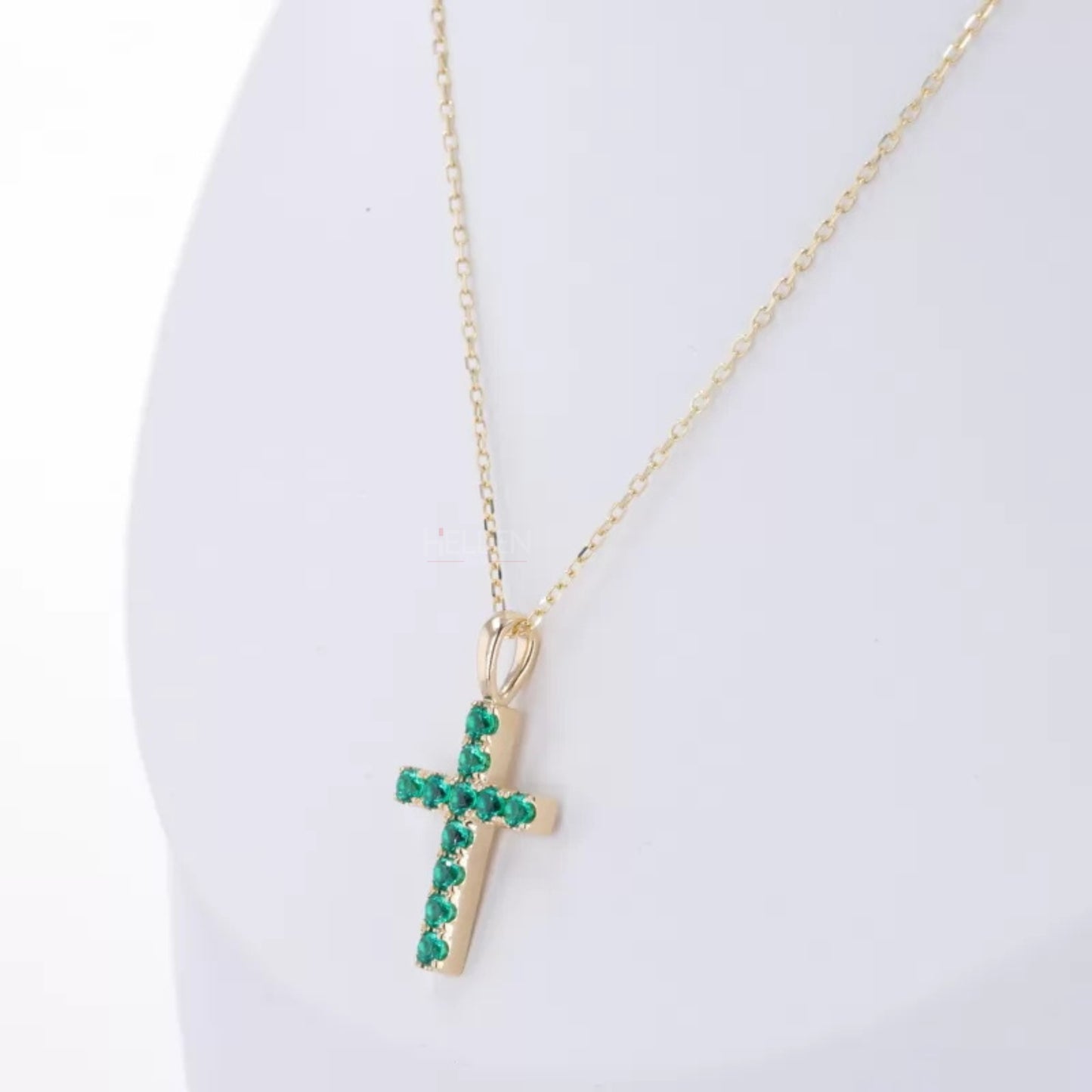 Green Round Cut Emerald Gemstone Cross Necklace for Gift