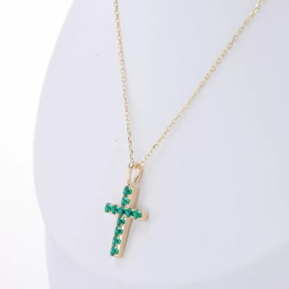 Green Round Cut Emerald Gemstone Cross Necklace for Gift