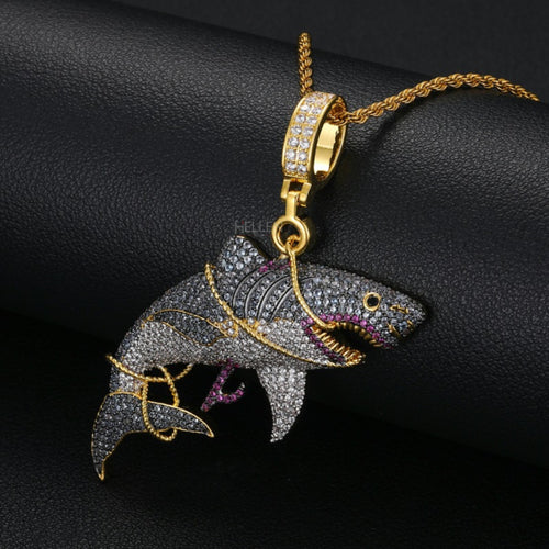 Iced Out Haunted Shark Pendant With Rope Chain
