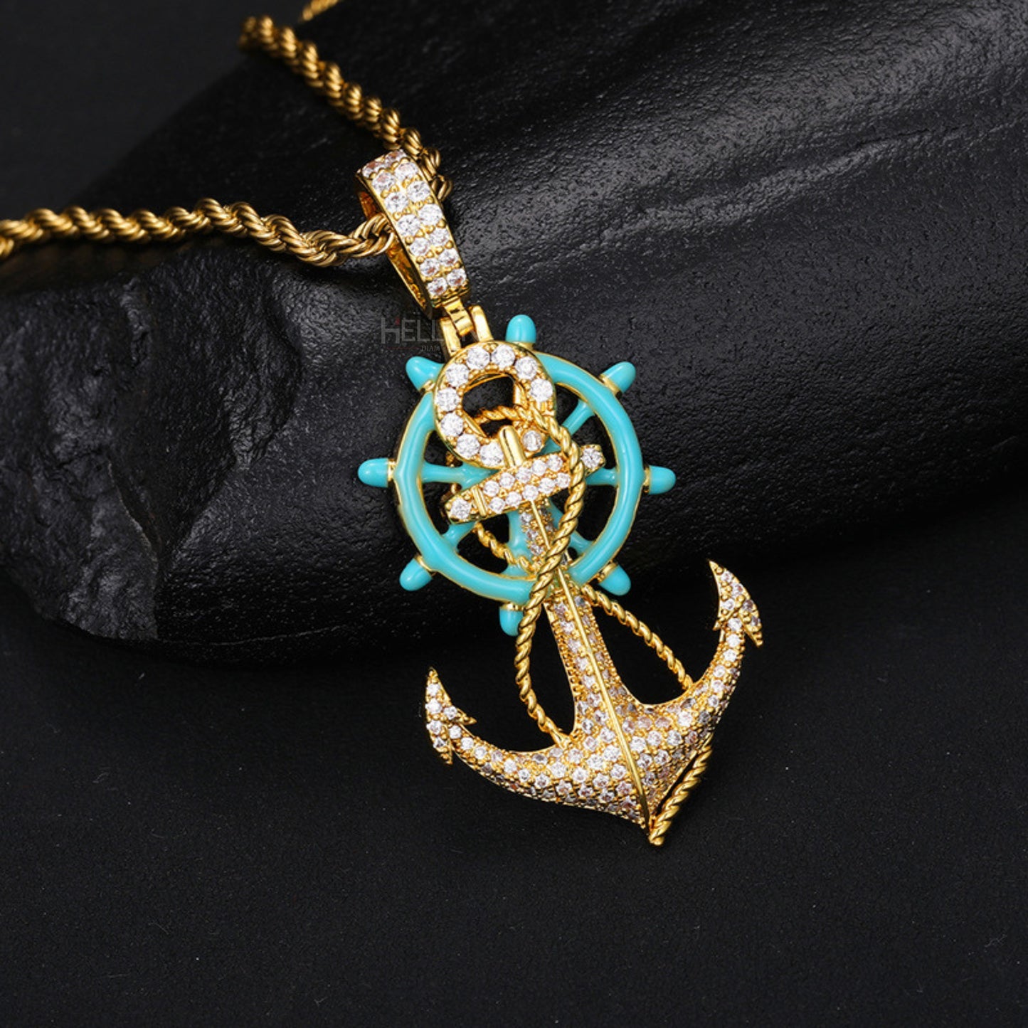 Pirate-inspired anchor and ship wheel pendant with glow-in-the-dark finish – nautical hip-hop jewelry with moissanite