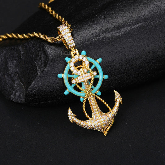 Pirate-inspired anchor and ship wheel pendant with glow-in-the-dark finish – nautical hip-hop jewelry with moissanite