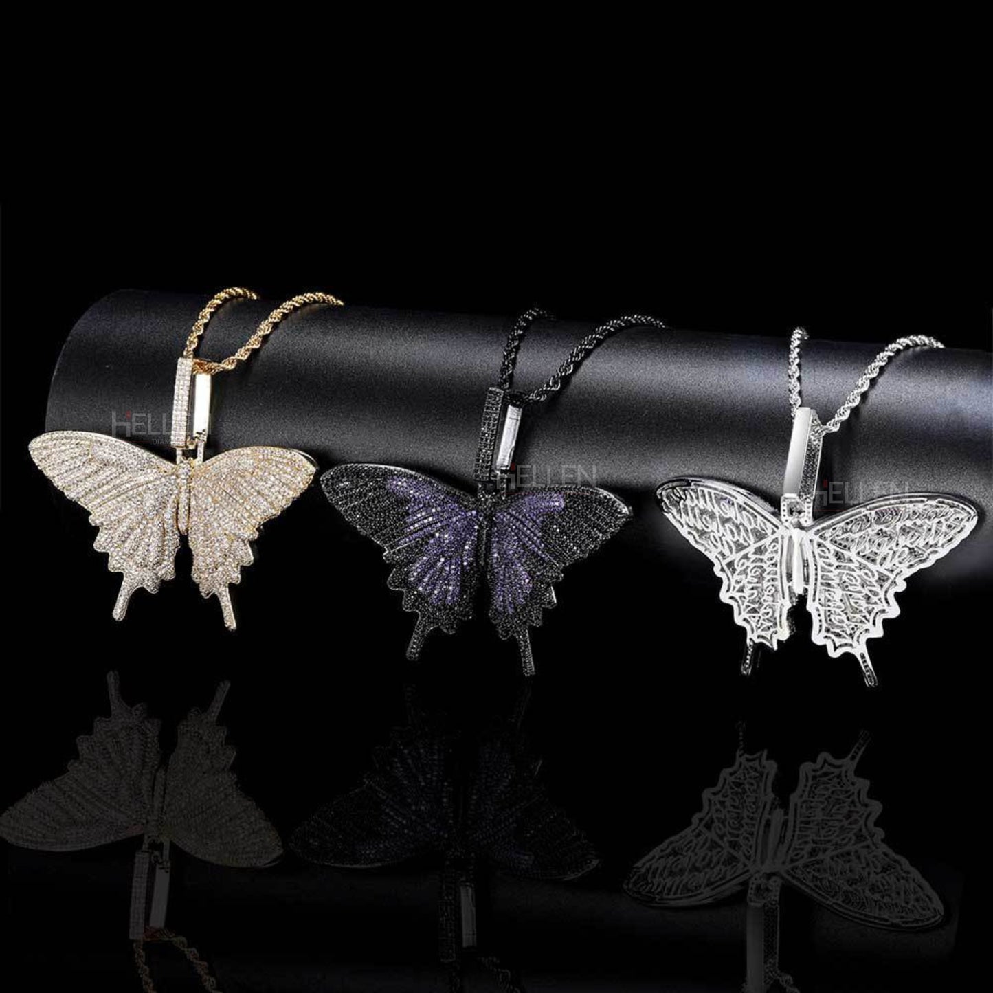 Butterfly Hip-Hop Pendant With Round Cut Moissanites And Gemstone.