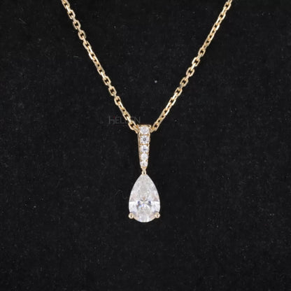 Elegant drop necklace with fancy pear cut solitaire and round moissanite – graceful and modern pendant design