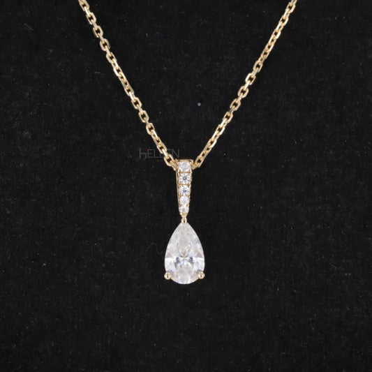Elegant drop necklace with fancy pear cut solitaire and round moissanite – graceful and modern pendant design