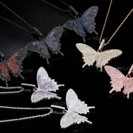 Butterfly pendant with moissanite and colorful gemstones – bold urban design with symbolic freedom

