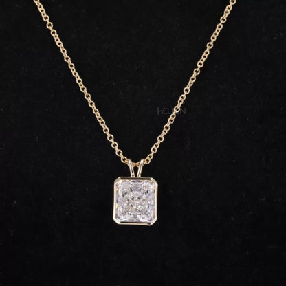 Radiant cut moissanite solitaire necklace in bezel setting with hoop design – sleek and luxurious pendant

