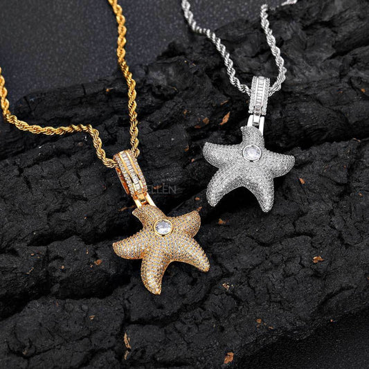 Iced-out starfish pendant with moissanite – beach-inspired streetwear necklace for men with shine

