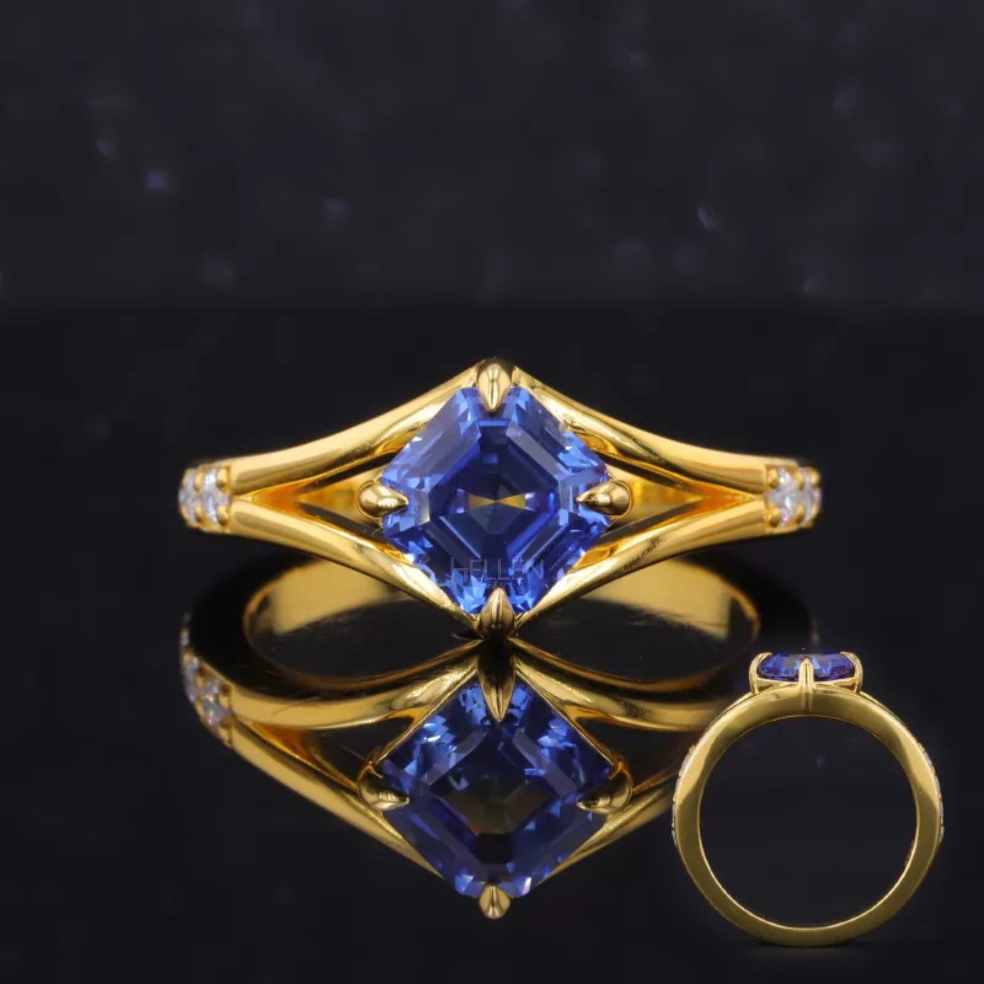 Princess cut blue sapphire solitaire ring with moissanite pavé – regal and sparkling gemstone engagement ring