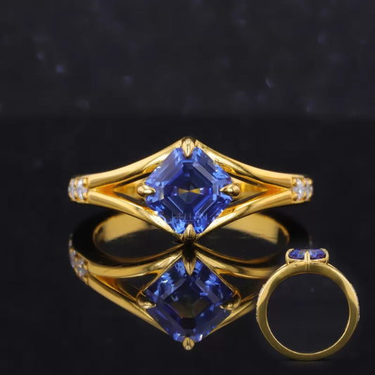 Princess cut blue sapphire solitaire ring with moissanite pavé – regal and sparkling gemstone engagement ring