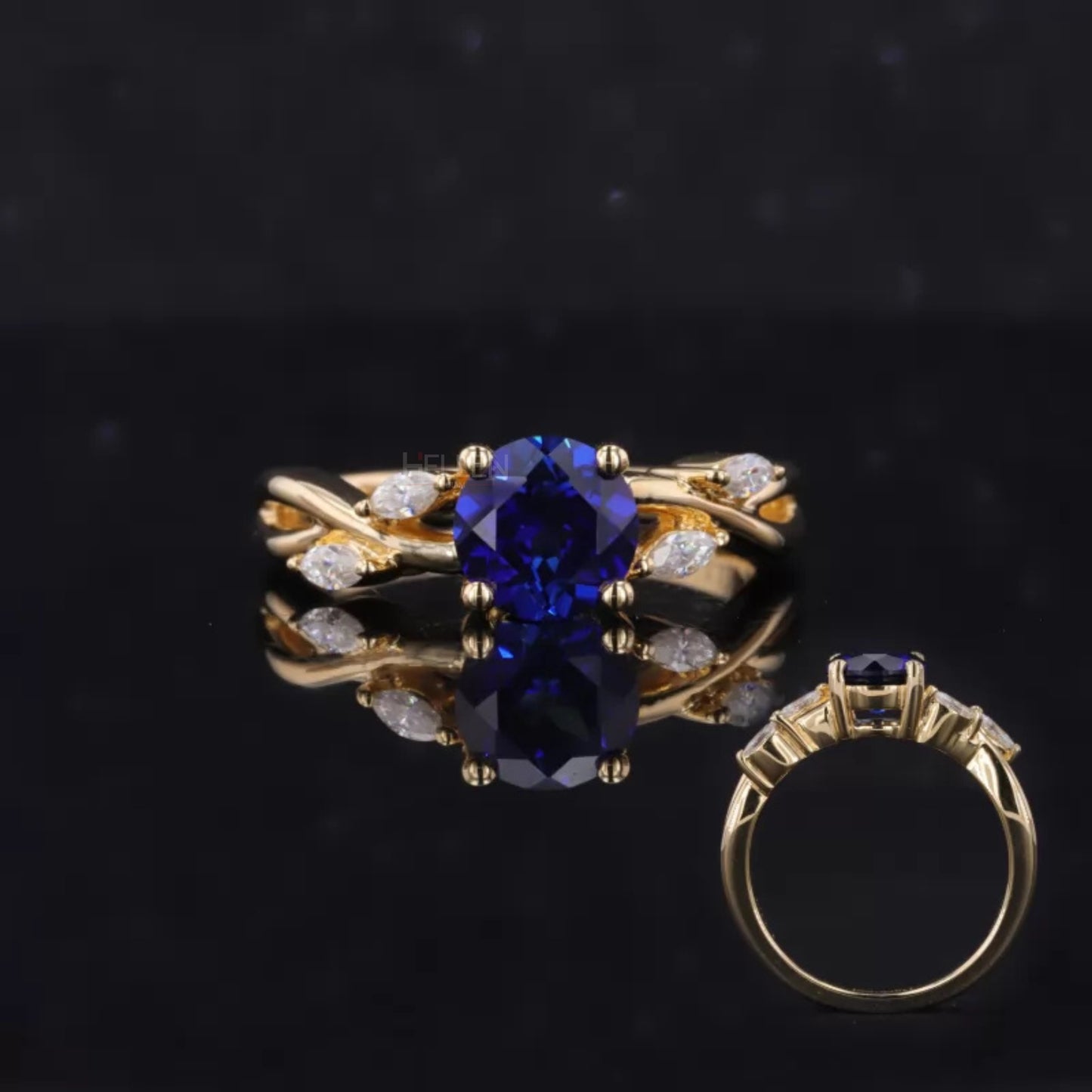 Round cut blue sapphire ring with marquise side stones – colorful gemstone engagement or statement ring