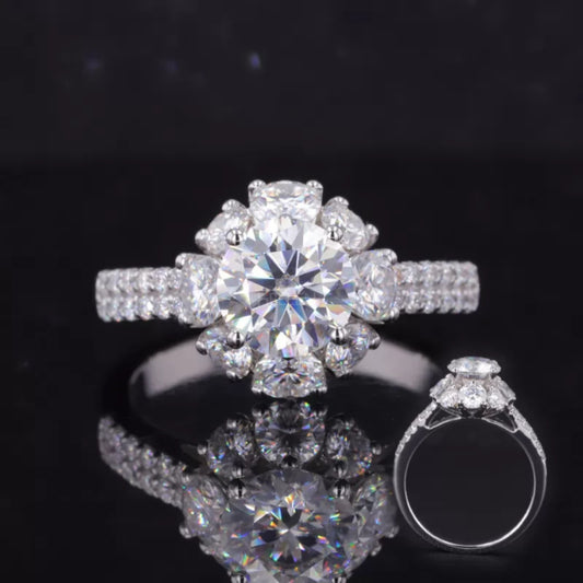 Nature-inspired moissanite halo ring with round cut center – organic elegance with symbolic detailing