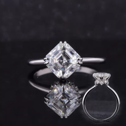 Modern Asscher cut moissanite solitaire engagement ring with hidden halo – clean lines with hidden sparkle