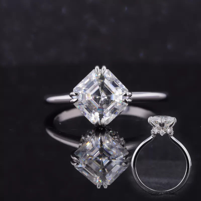 Modern Asscher cut moissanite solitaire engagement ring with hidden halo – clean lines with hidden sparkle