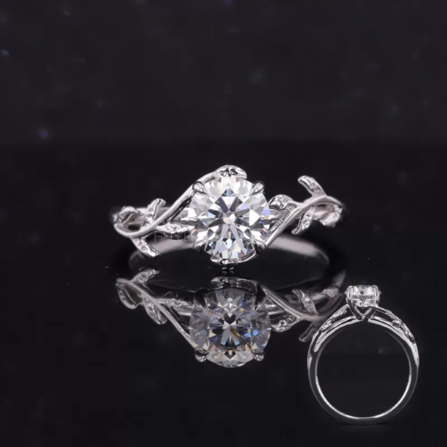 Nature-inspired engagement ring with round cut moissanite and twisted leaf branch design – symbolic and elegant piece