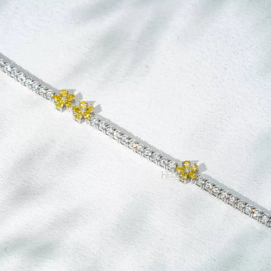Whimsical floral bracelet with round moissanite and yellow sapphire pear accents – colorful and feminine wrist jewelry

