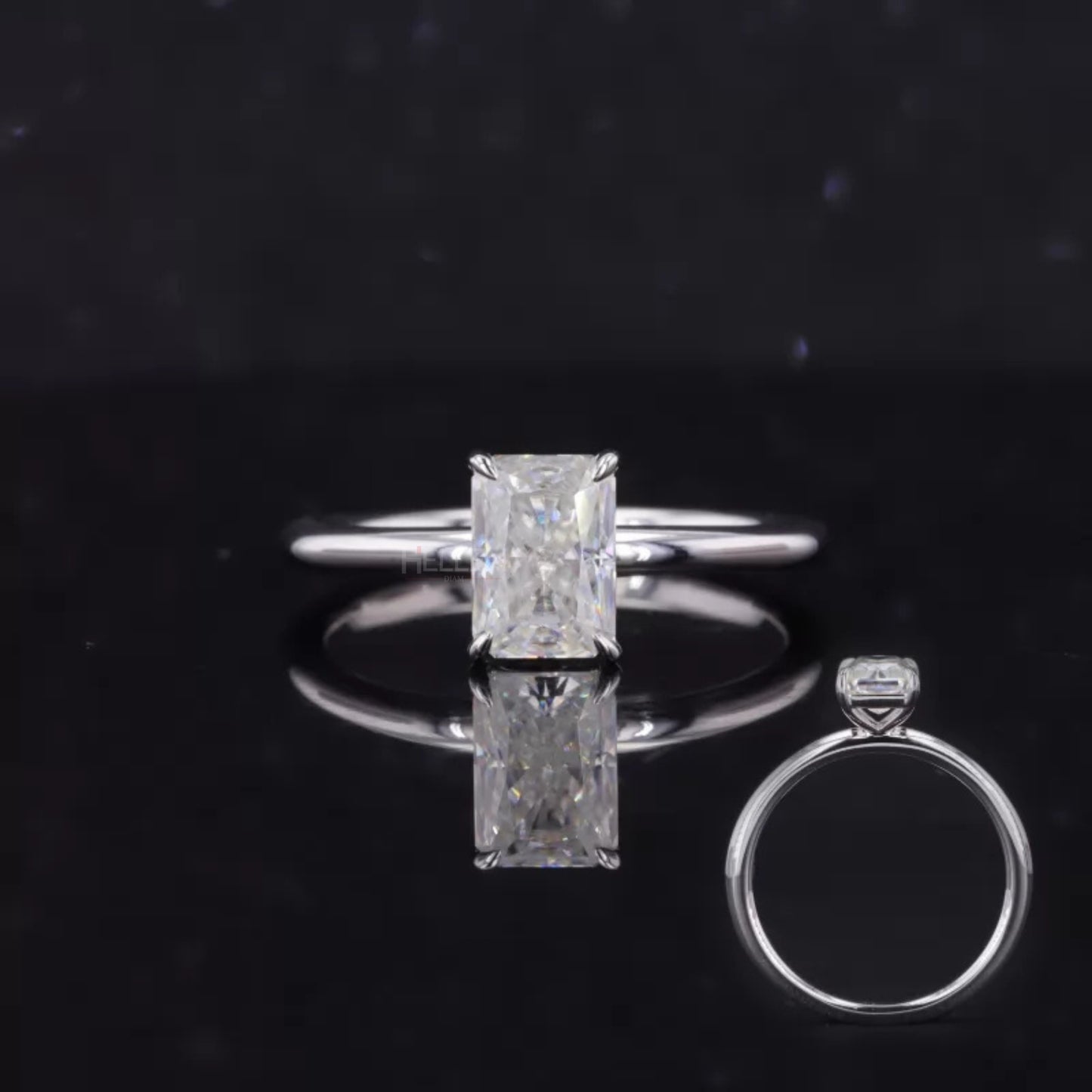 Striking radiant cut moissanite solitaire ring with tiger prong setting – unique and powerful engagement design