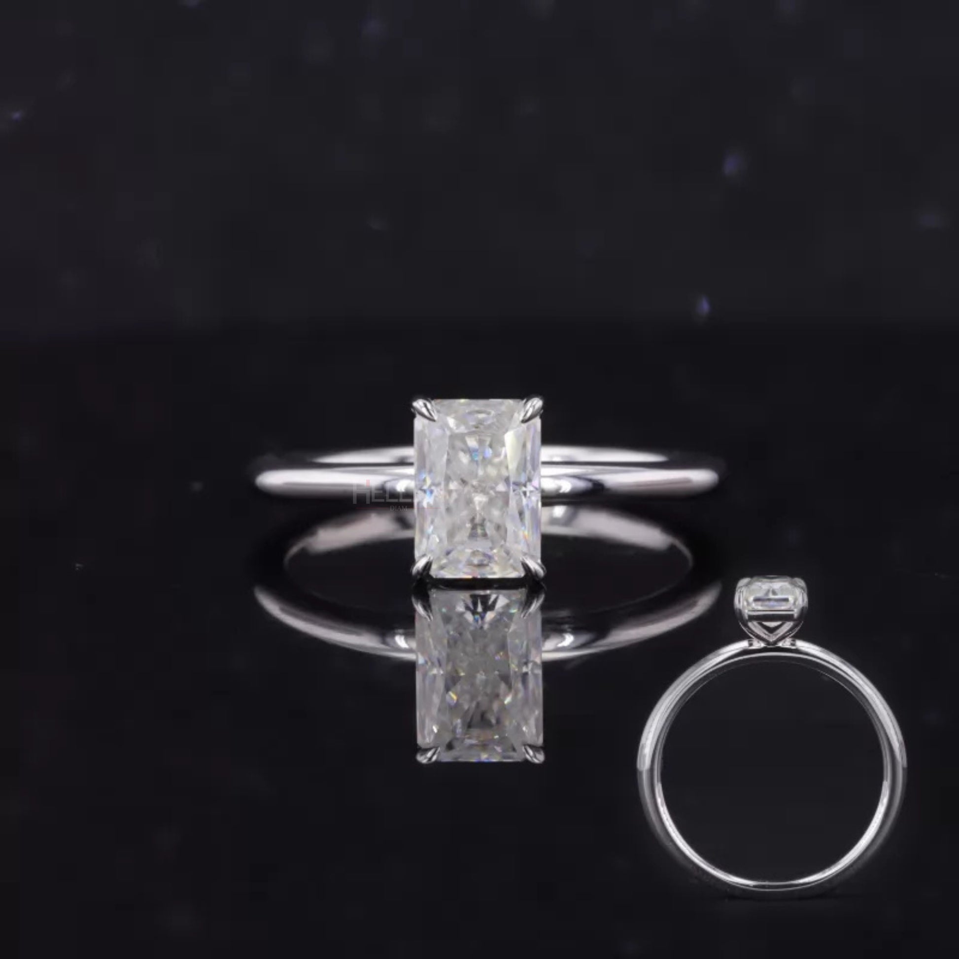 Striking radiant cut moissanite solitaire ring with tiger prong setting – unique and powerful engagement design