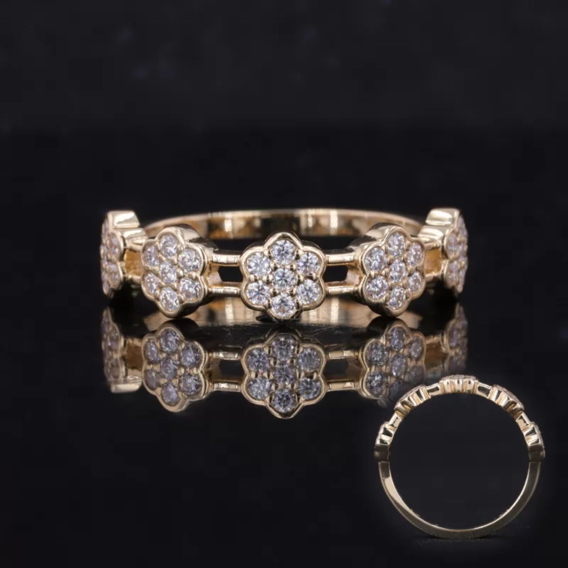 Floral illusion cluster wedding band with round diamonds – nature-inspired sparkle for a graceful bridal look